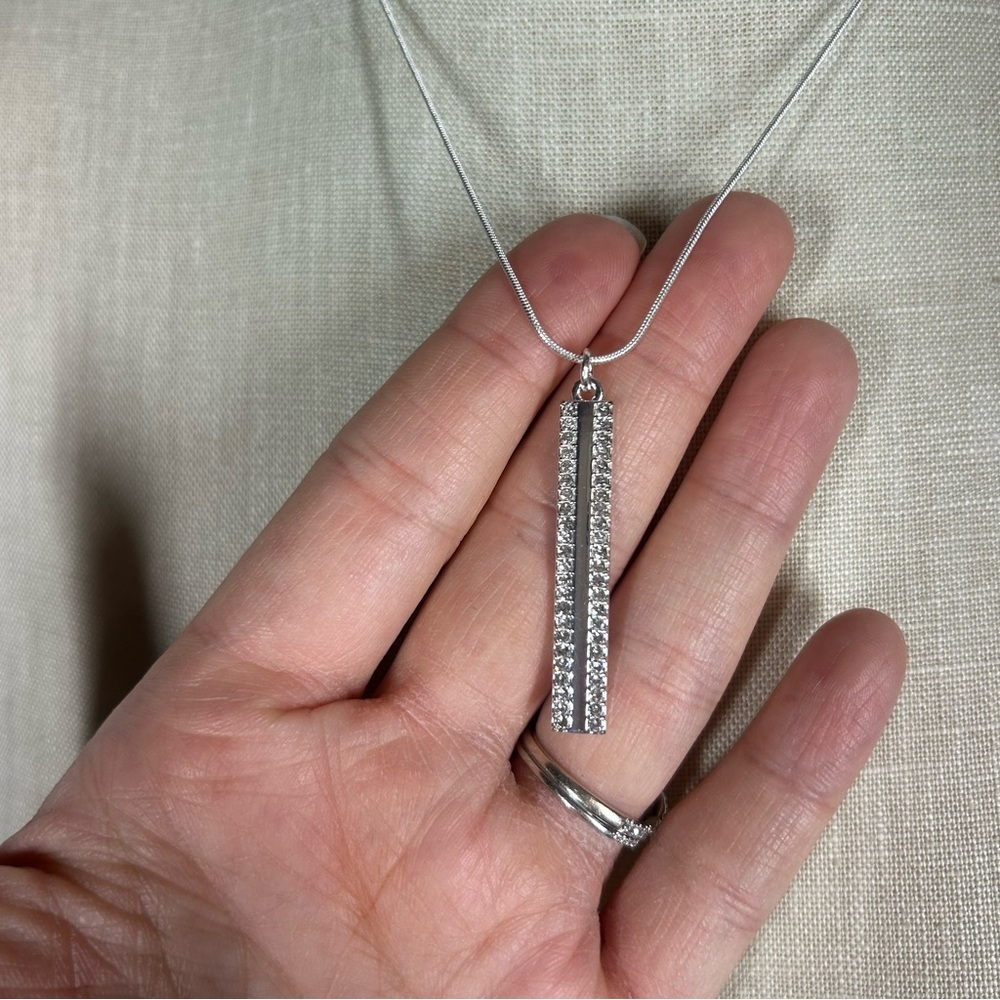 Nine West | Vertical Diamond Bar Silver Necklace Pendant Crystals - Picture 5 of 8